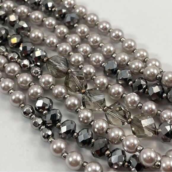 Silver Glass Pearl Gray Glass Beaded Necklace Statement Evening Formal Elegant - Picture 1 of 6
